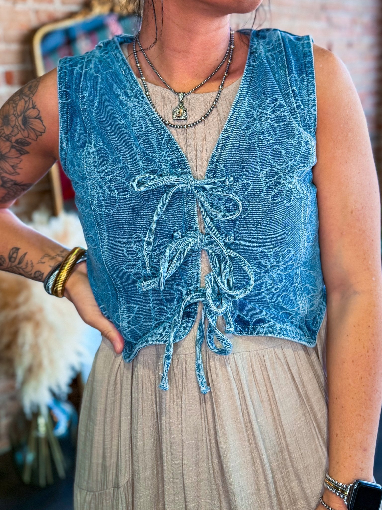 Floral Washed Denim Front Tie Vest - Southern Chic Tees & Boutique