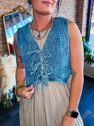 Floral Washed Denim Front Tie Vest - Southern Chic Tees & Boutique
