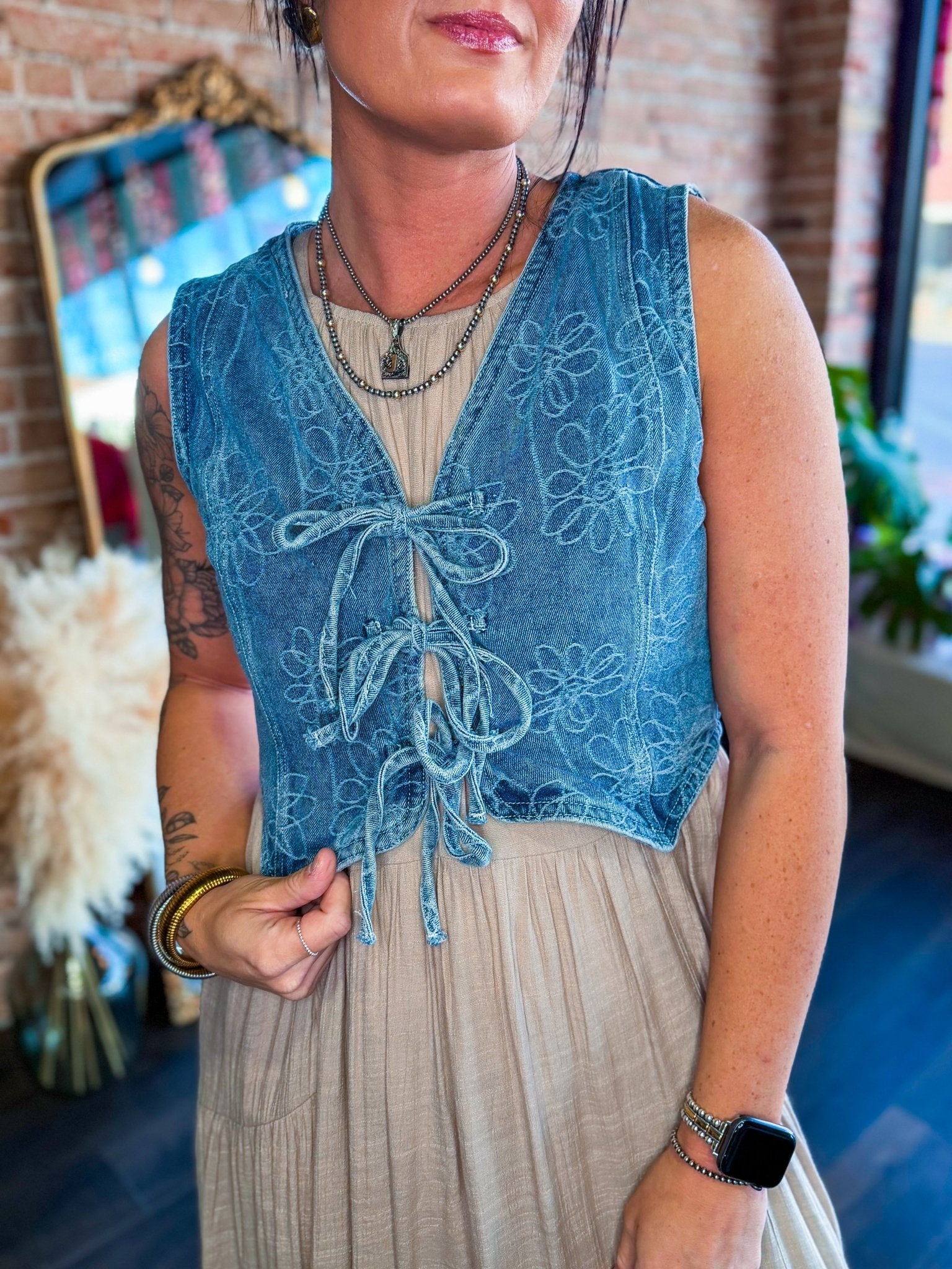 Floral Washed Denim Front Tie Vest - Southern Chic Tees & Boutique