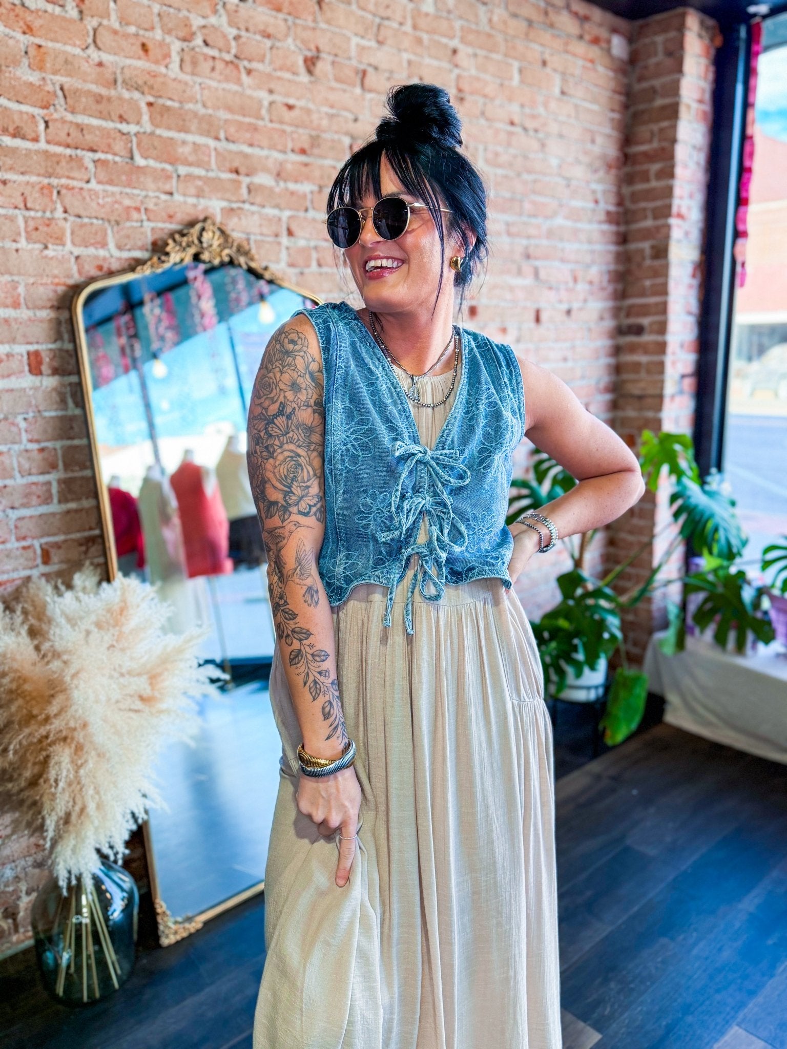 Floral Washed Denim Front Tie Vest - Southern Chic Tees & Boutique