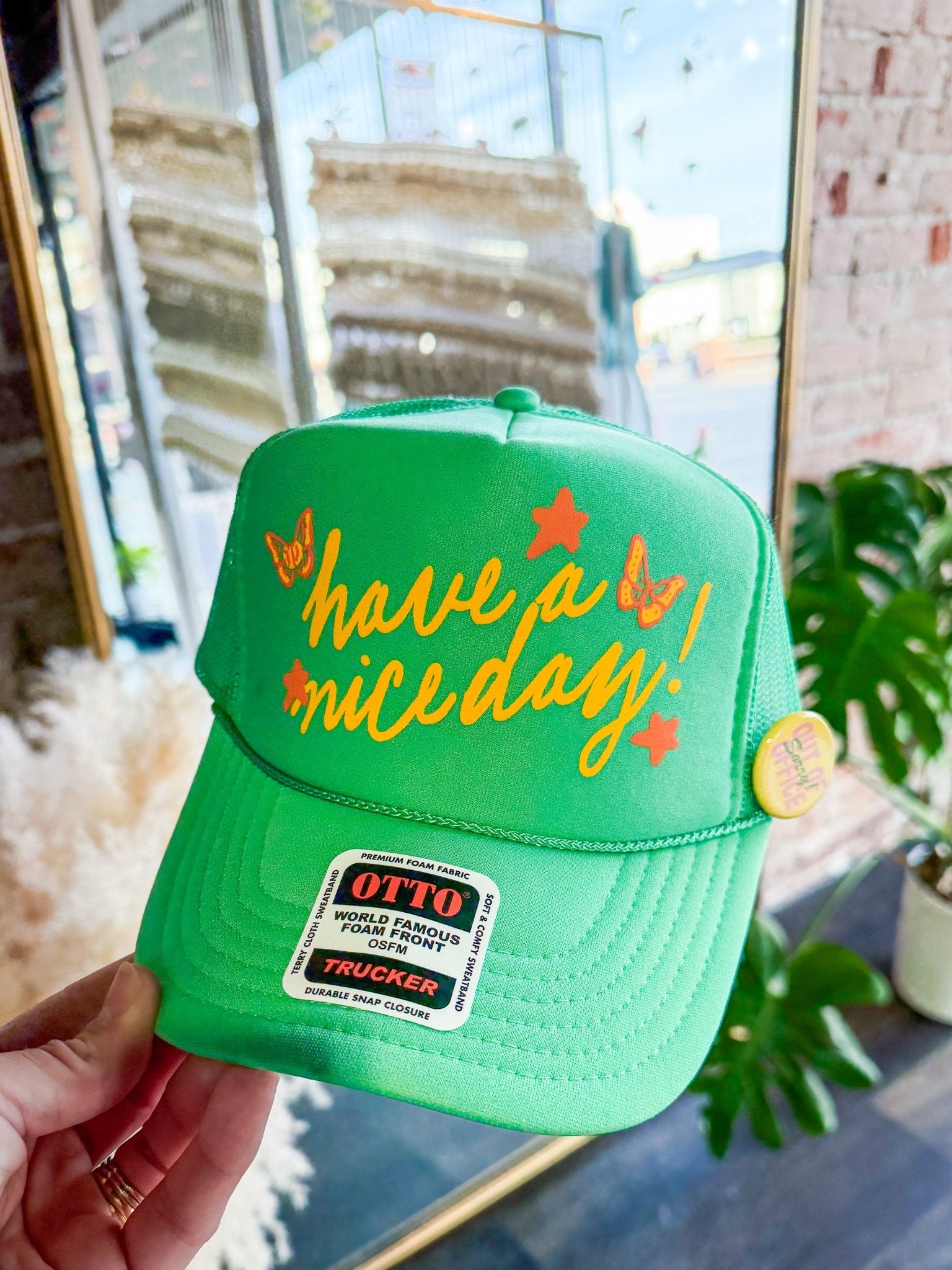 Have a Nice Day! Stars & Butterflies Trucker Hat: Cactus Green - Southern Chic Tees & Boutique