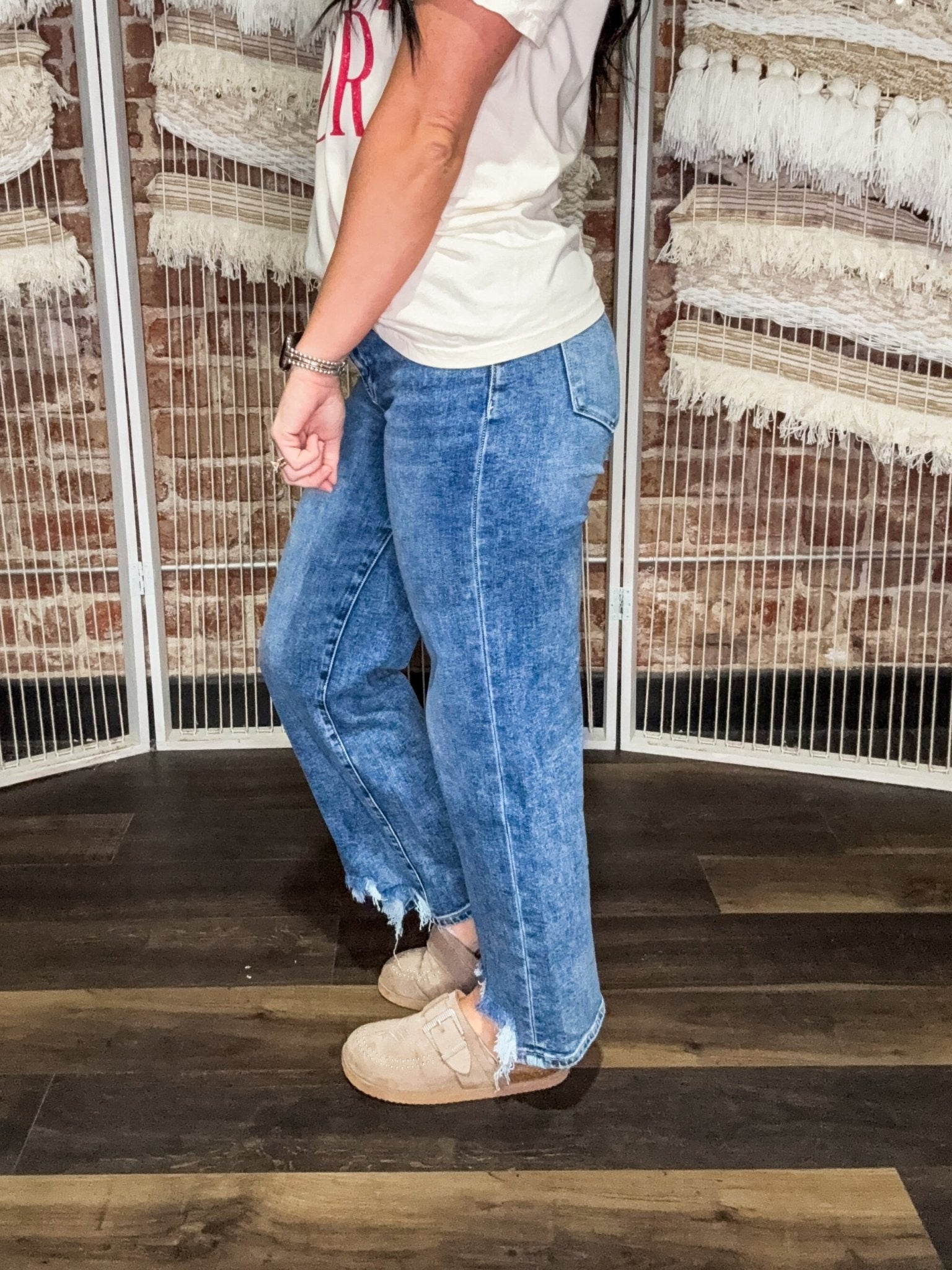 High Rise Slim Wide Leg Jeans W/ Destroyed Hem - Southern Chic Tees & Boutique