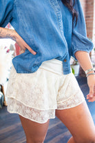 Lace Tiered Activewear Shorts | Cross - Waist Flowy Gym Shorts Cream - Southern Chic Tees & Boutique