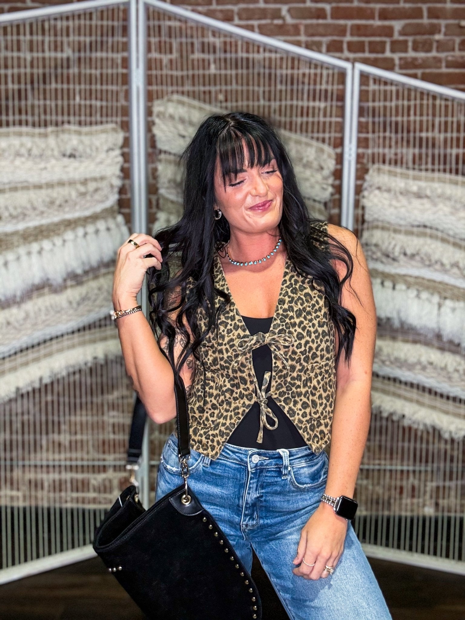 Leopard Denim Tie Front Vest - Southern Chic Tees & Boutique
