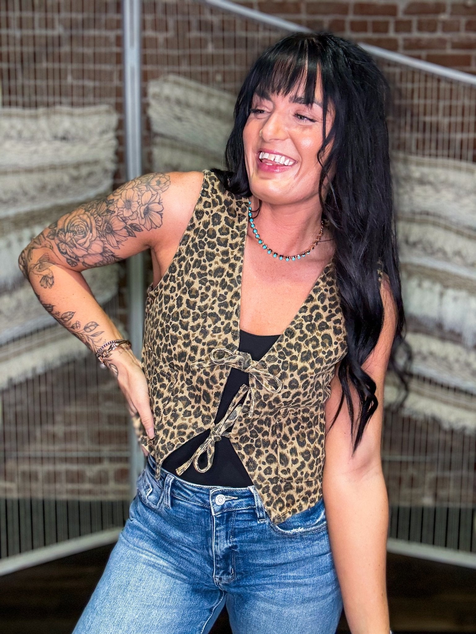 Leopard Denim Tie Front Vest - Southern Chic Tees & Boutique