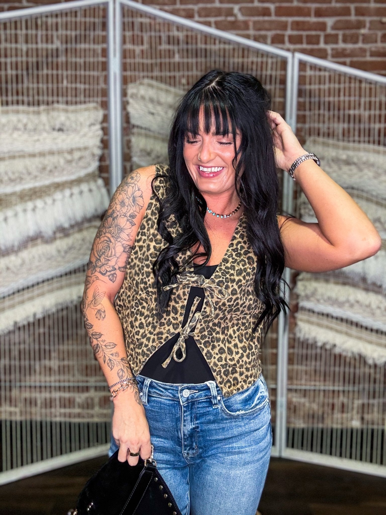 Leopard Denim Tie Front Vest - Southern Chic Tees & Boutique