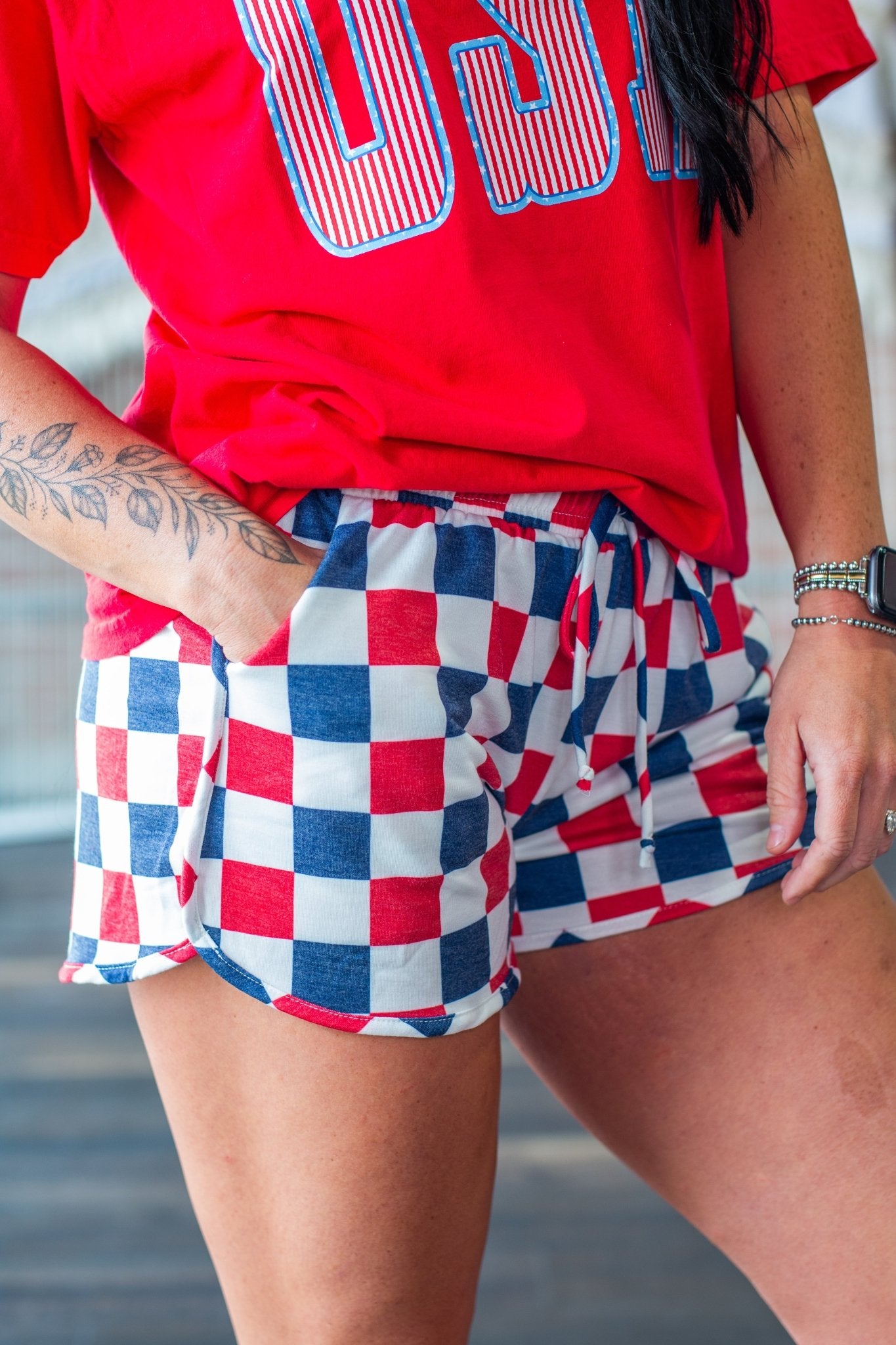 Liberty Check Retro Patriotic Shorts – Bold Red, White & Blue - Southern Chic Tees & Boutique
