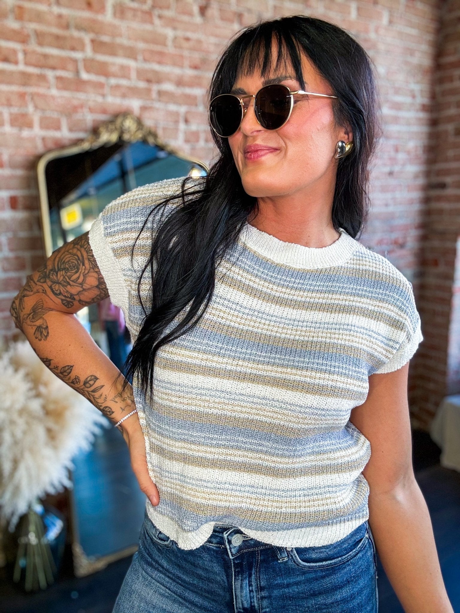 Light Blue Striped Knit Sweater Tee - Southern Chic Tees & Boutique