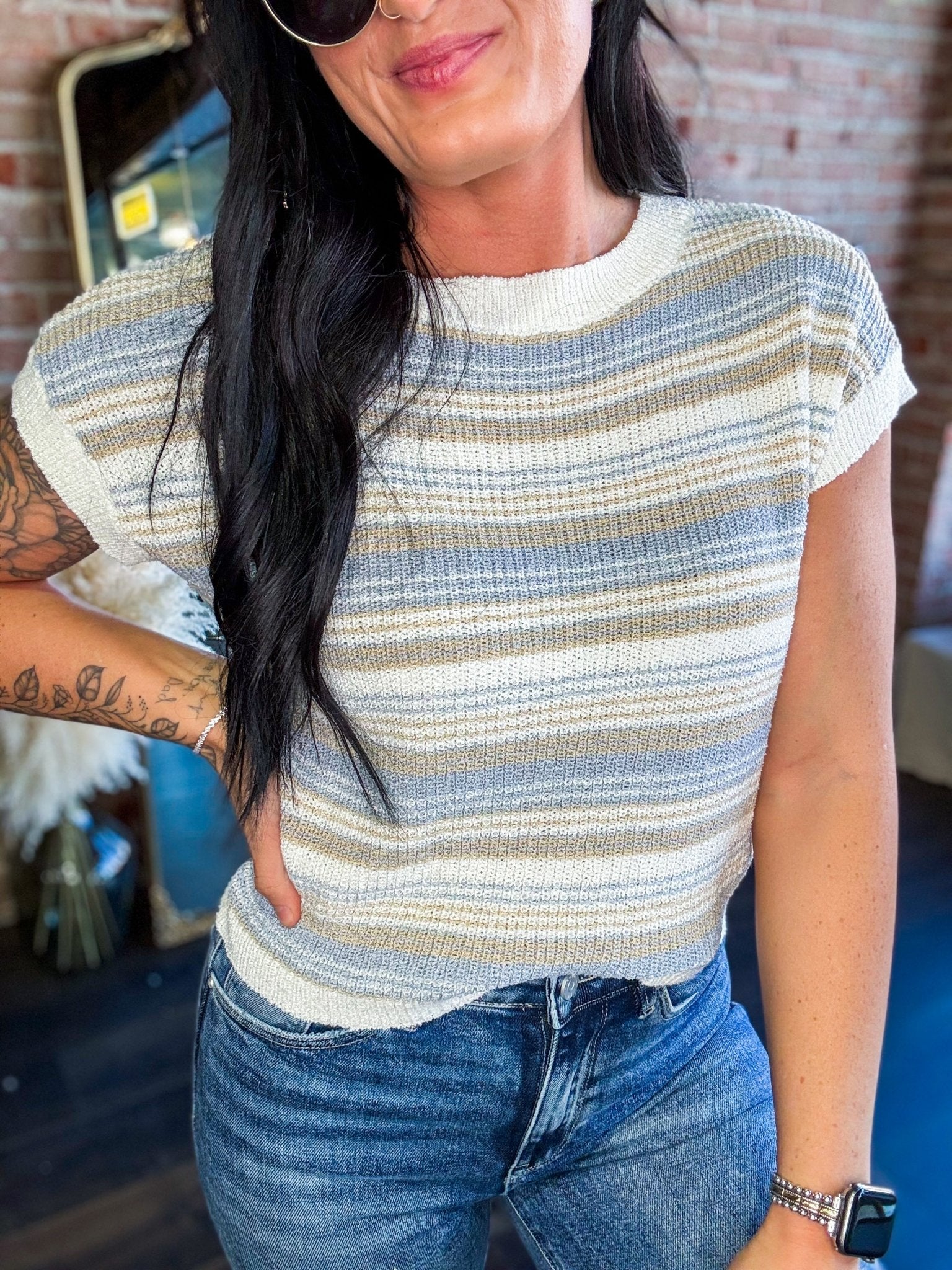 Light Blue Striped Knit Sweater Tee - Southern Chic Tees & Boutique