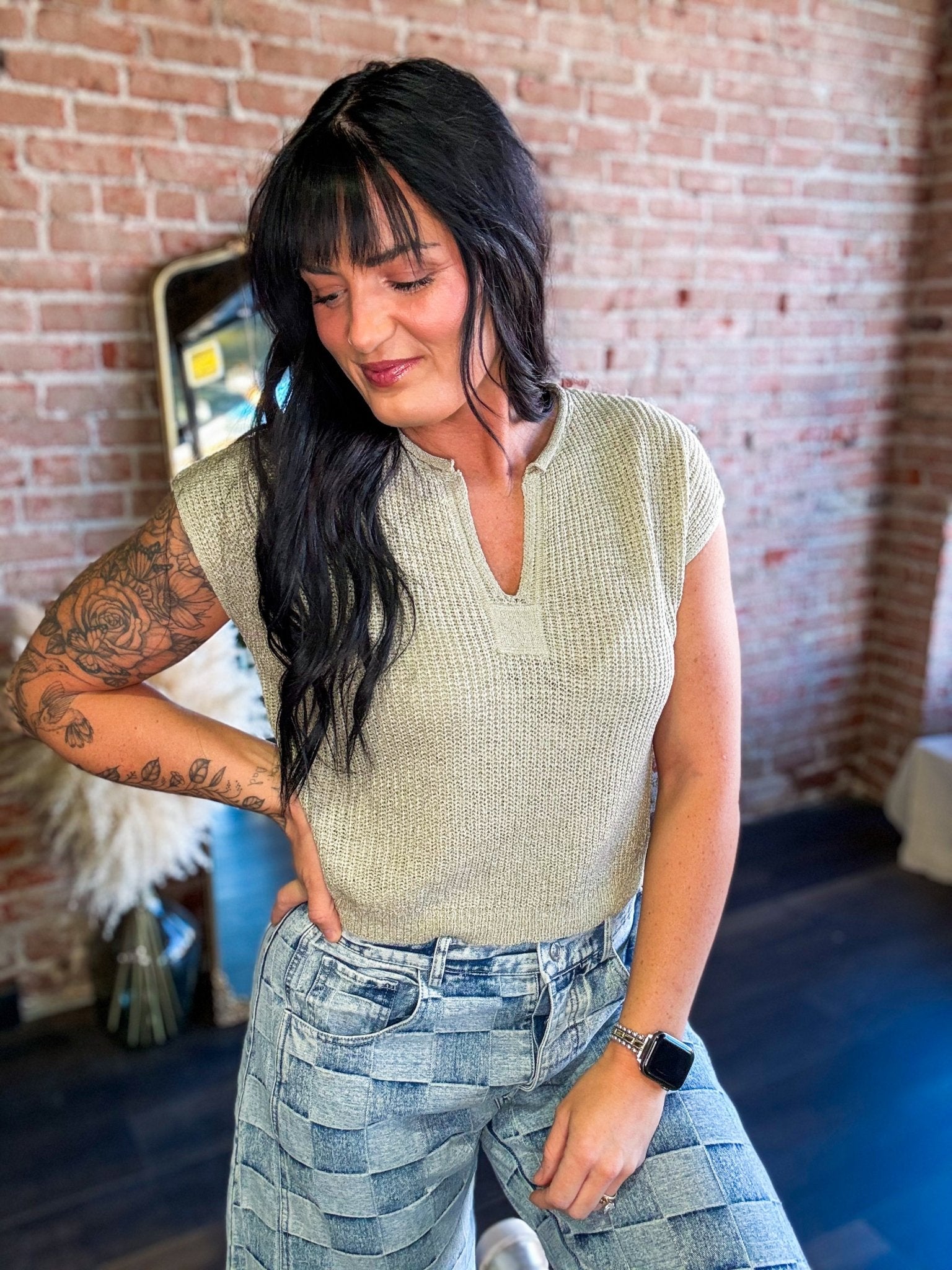 Lightweight Split Neck Sleeveless Sweater | Light Olive - Southern Chic Tees & Boutique