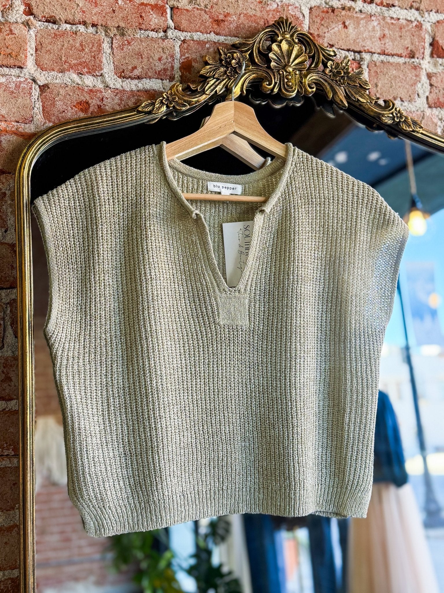 Lightweight Split Neck Sleeveless Sweater | Light Olive - Southern Chic Tees & Boutique