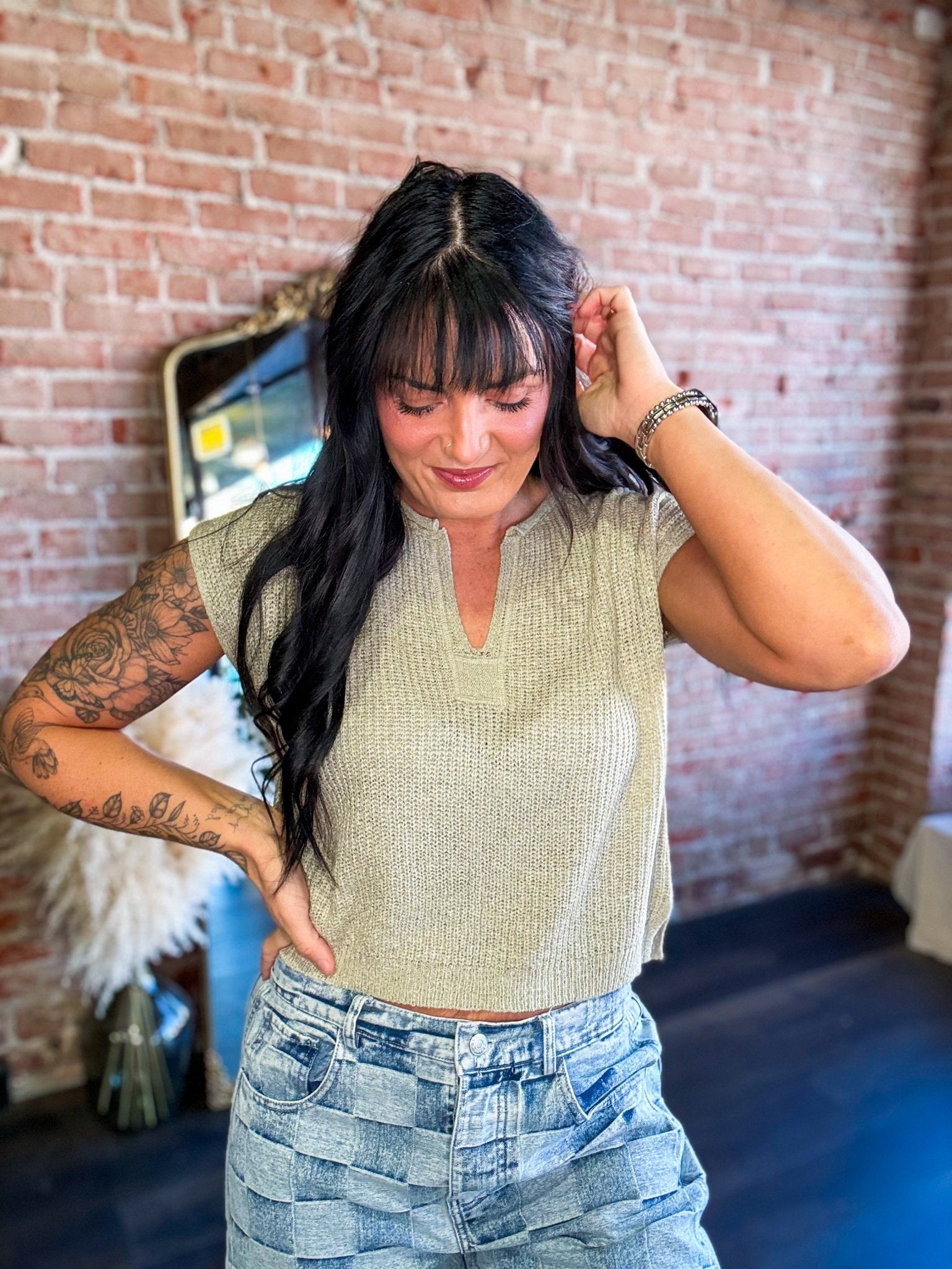 Lightweight Split Neck Sleeveless Sweater | Light Olive - Southern Chic Tees & Boutique