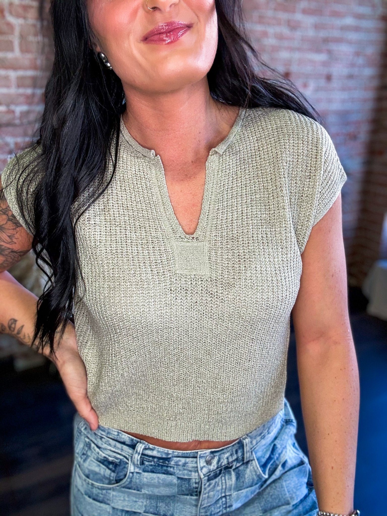 Lightweight Split Neck Sleeveless Sweater | Light Olive - Southern Chic Tees & Boutique