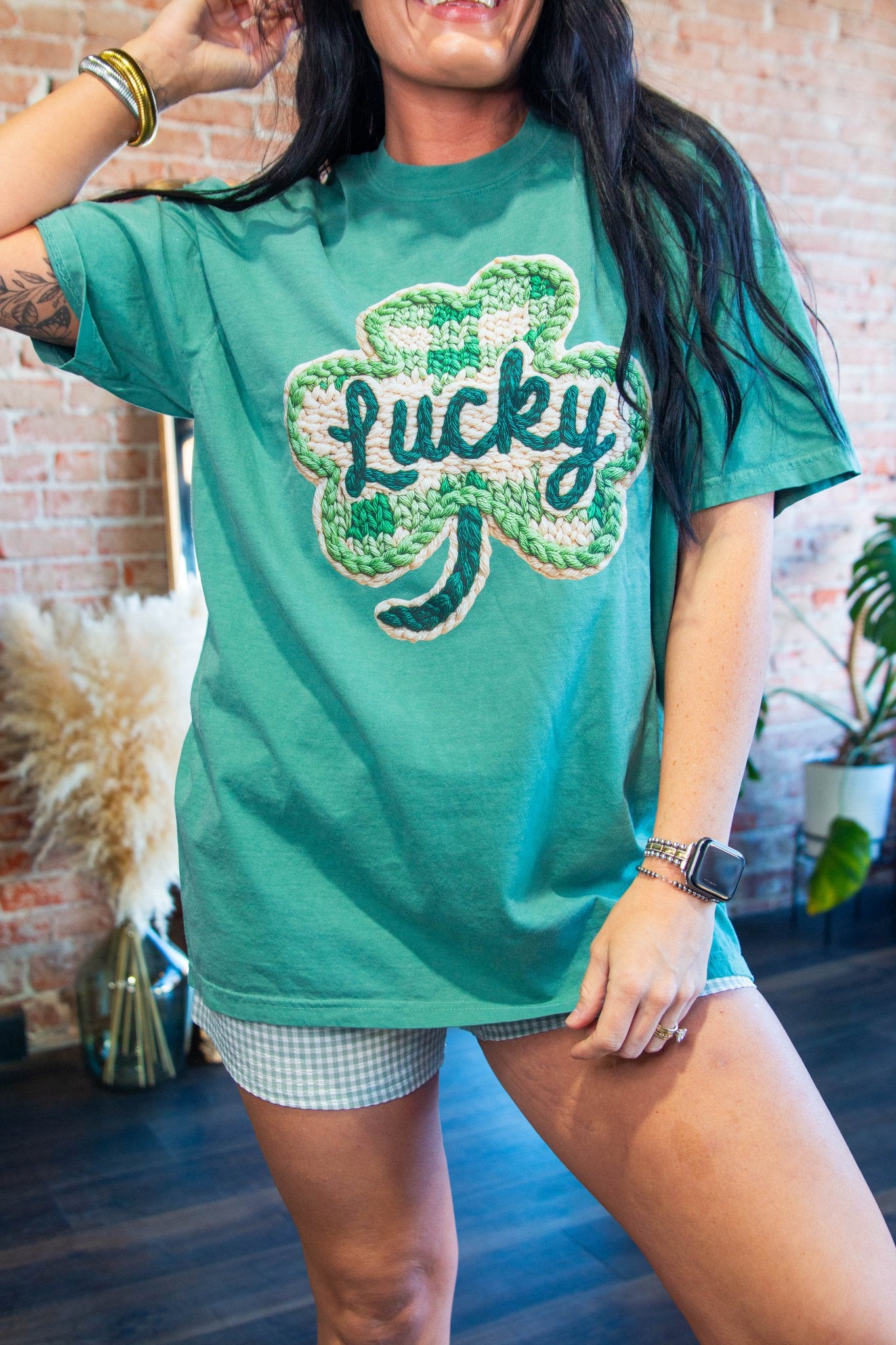 Lucky Faux Knit Clover Graphic Tee - Southern Chic Tees & Boutique