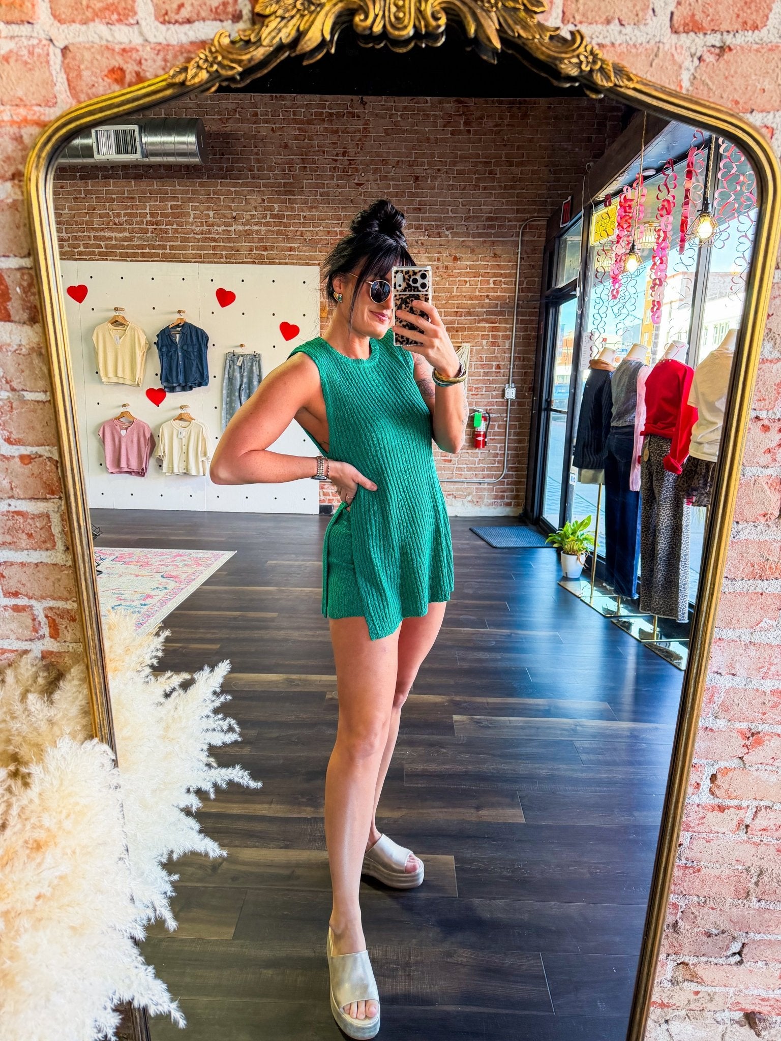 Luxe Emerald Ribbed Knit Two - Piece Lounge Set | Side - Slit Tunic & Shorts - Southern Chic Tees & Boutique