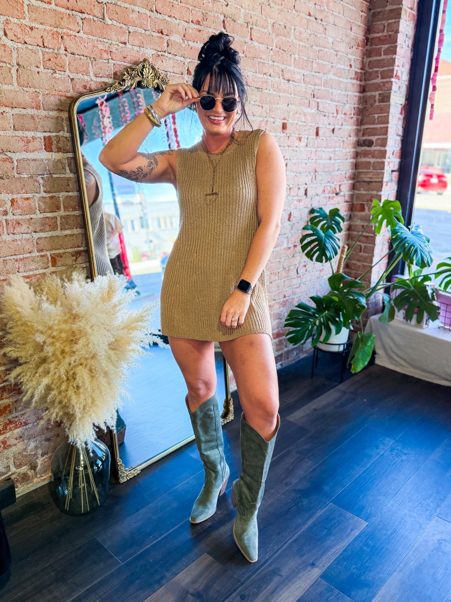 Luxe Ribbed Knit Two - Piece Lounge Set Taupe | Side - Slit Tunic & Shorts - Southern Chic Tees & Boutique