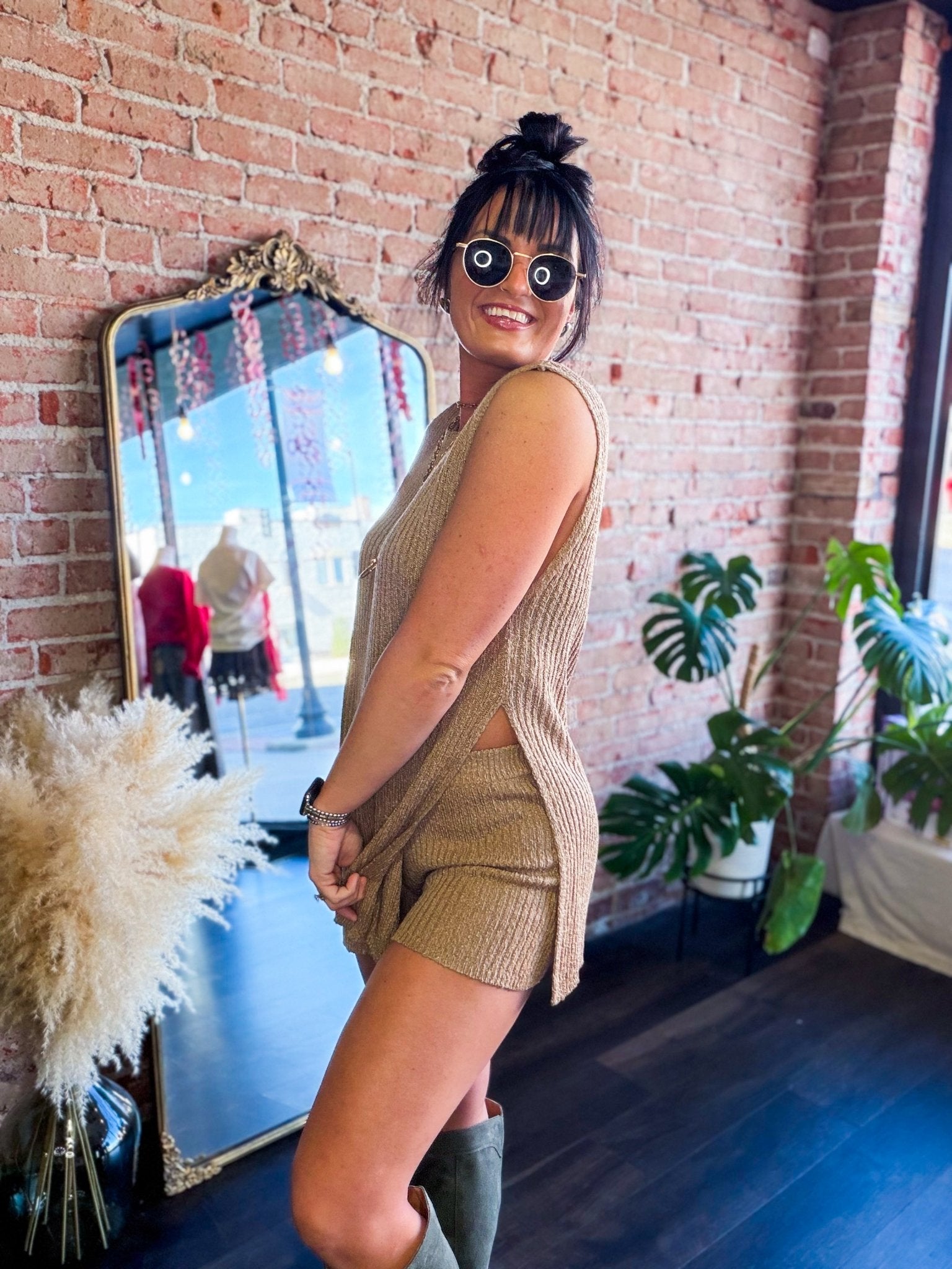 Luxe Ribbed Knit Two - Piece Lounge Set Taupe | Side - Slit Tunic & Shorts - Southern Chic Tees & Boutique