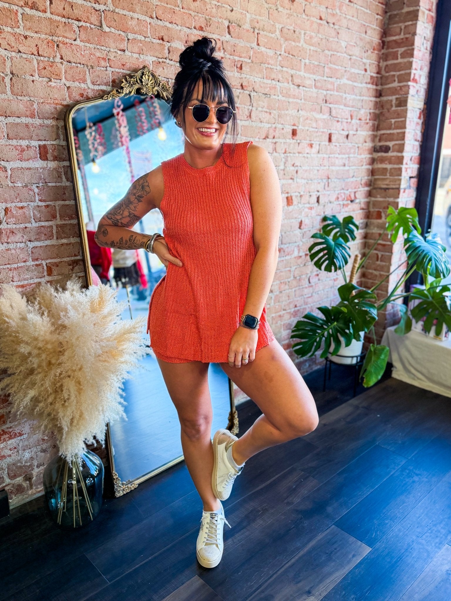 Luxe Ribbed Side - Slit Knit Set in Coral | Two - Piece Tunic & Shorts Lounge Set - Southern Chic Tees & Boutique