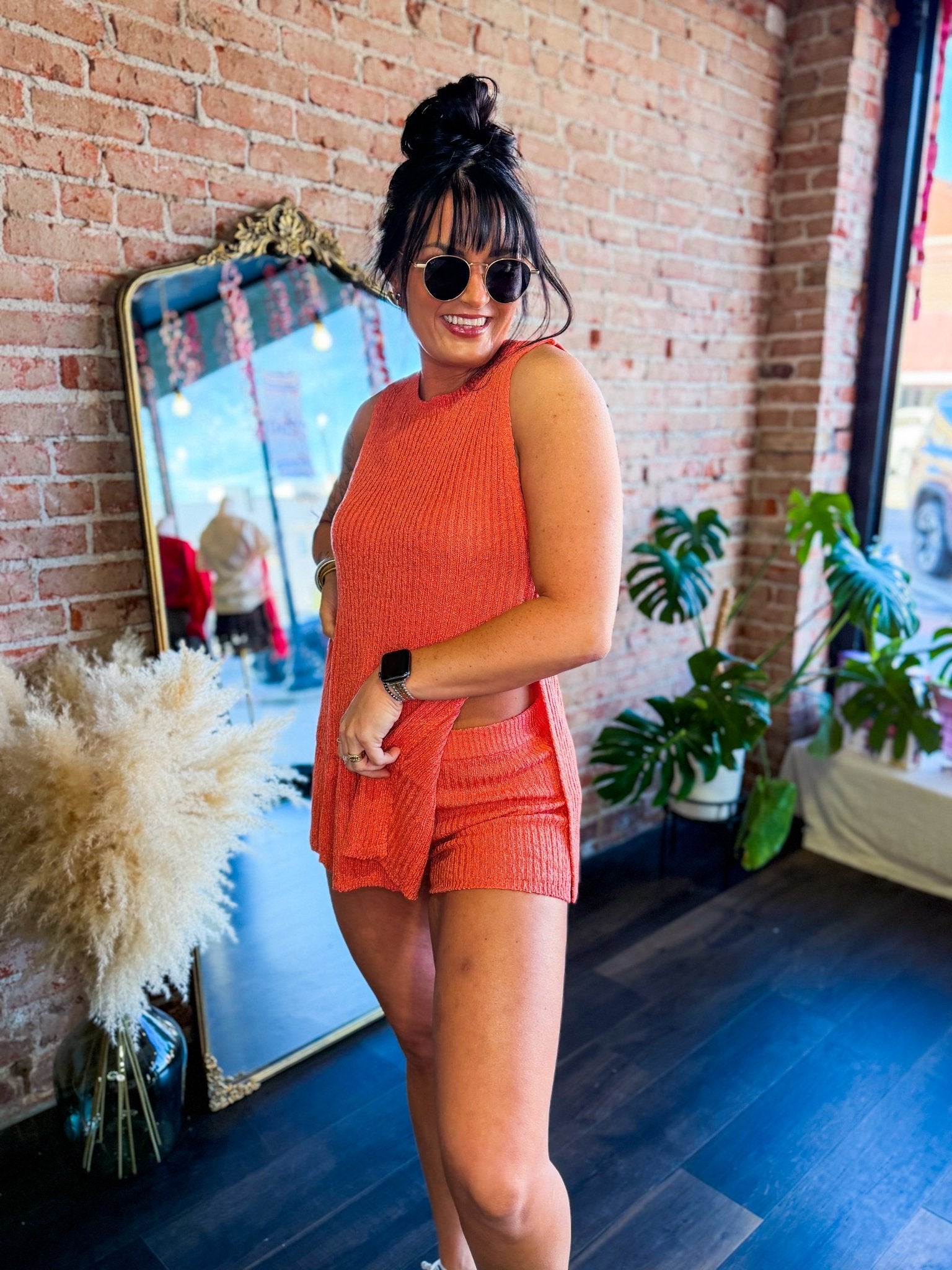 Luxe Ribbed Side - Slit Knit Set in Coral | Two - Piece Tunic & Shorts Lounge Set - Southern Chic Tees & Boutique