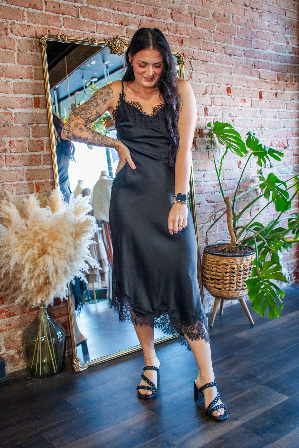 Midnight Muse: Asymmetrical Lace Satin Slip Dress - Southern Chic Tees & Boutique
