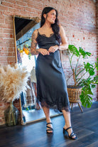 Midnight Muse: Asymmetrical Lace Satin Slip Dress - Southern Chic Tees & Boutique