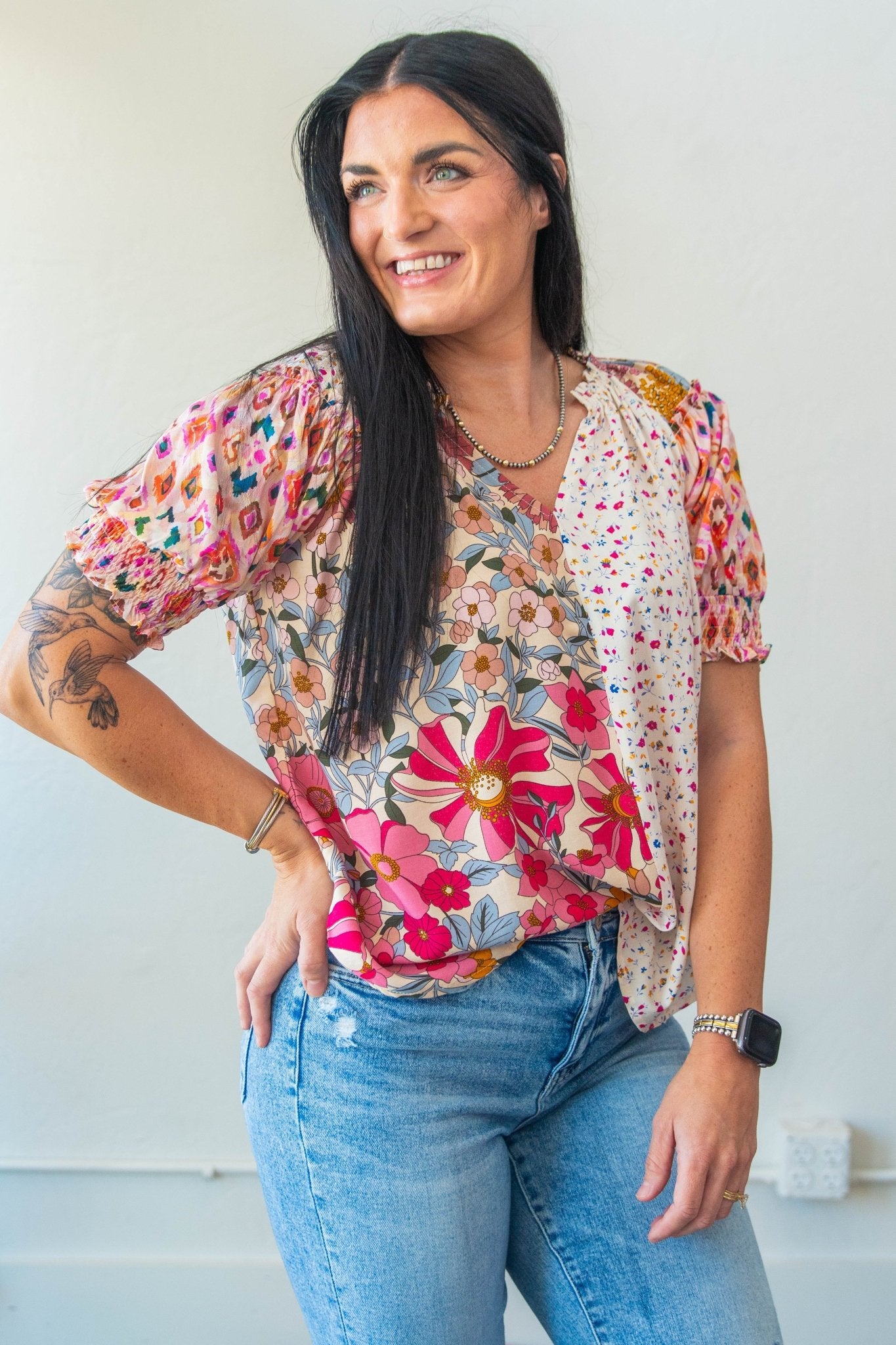 Mixed Prints Peasant Blouse - Southern Chic Tees & Boutique