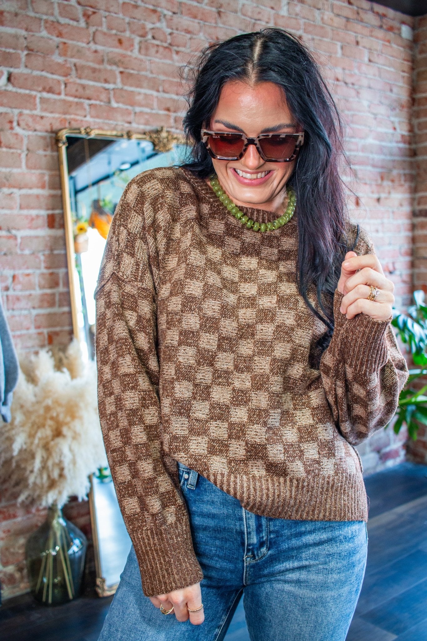 Mocha Checkmate Knit Crewneck Sweater - Southern Chic Tees & Boutique