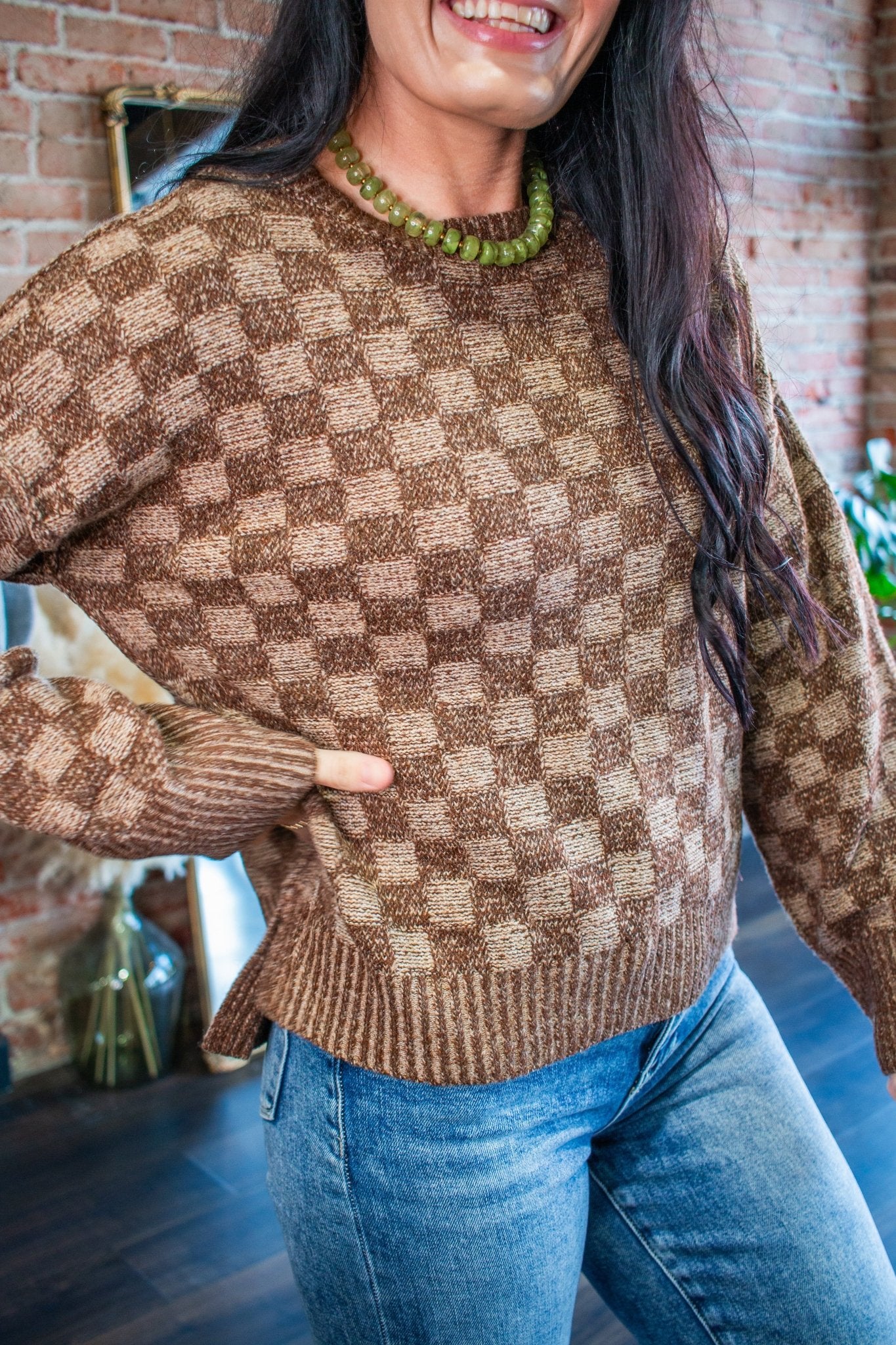Mocha Checkmate Knit Crewneck Sweater - Southern Chic Tees & Boutique