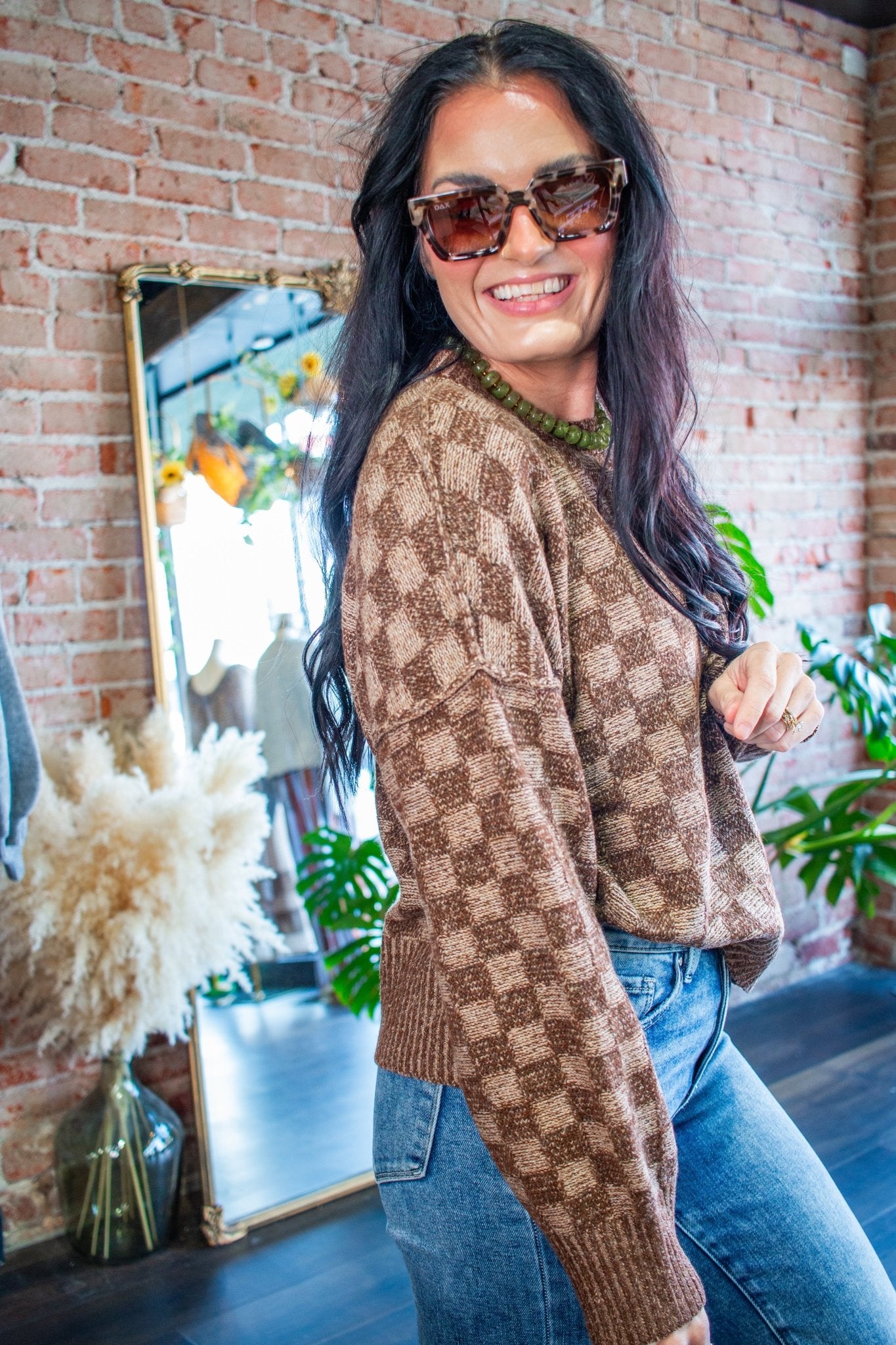 Mocha Checkmate Knit Crewneck Sweater - Southern Chic Tees & Boutique