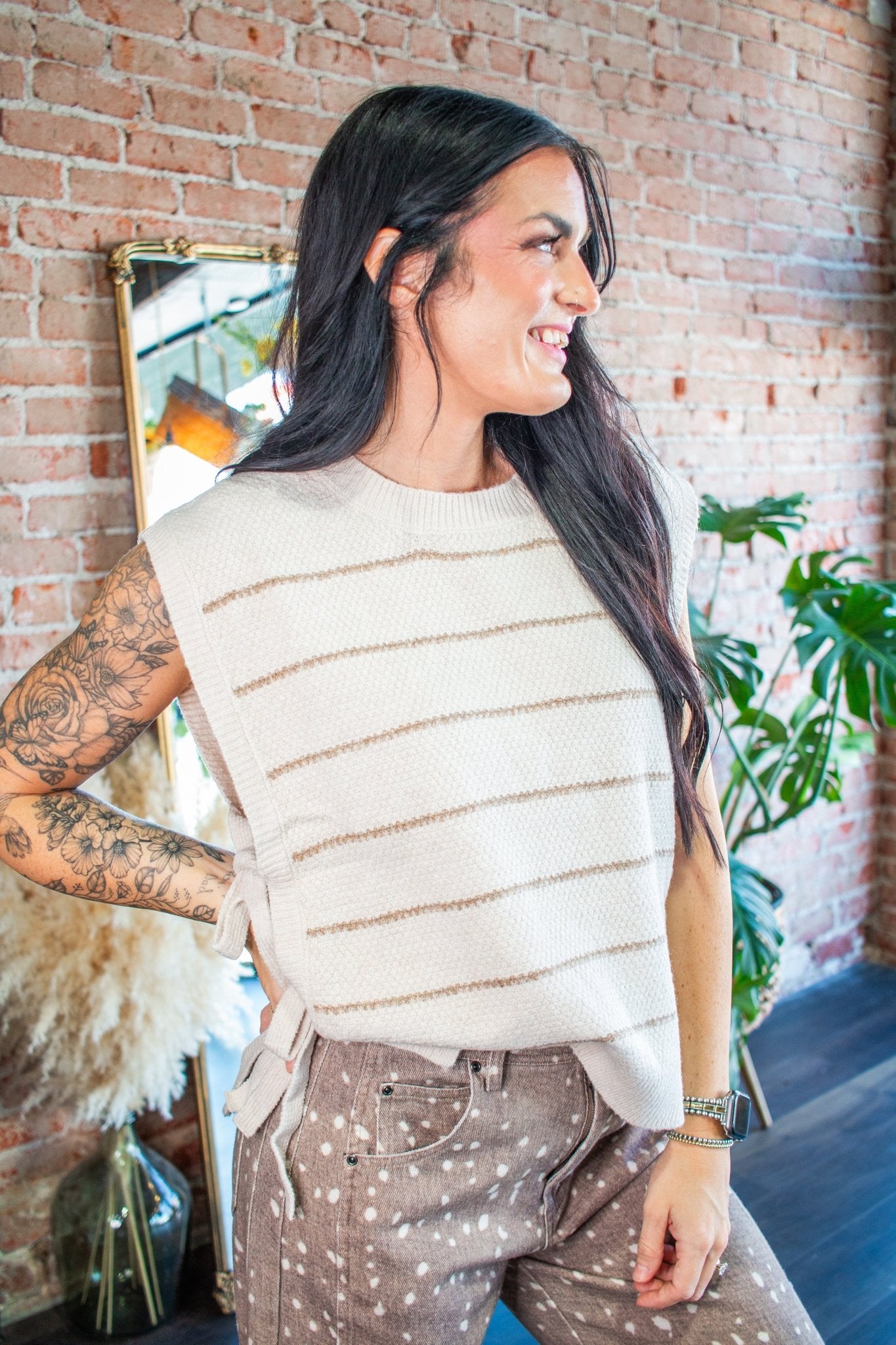 Oatmeal Striped Side Tie Knit Vest - Southern Chic Tees & Boutique