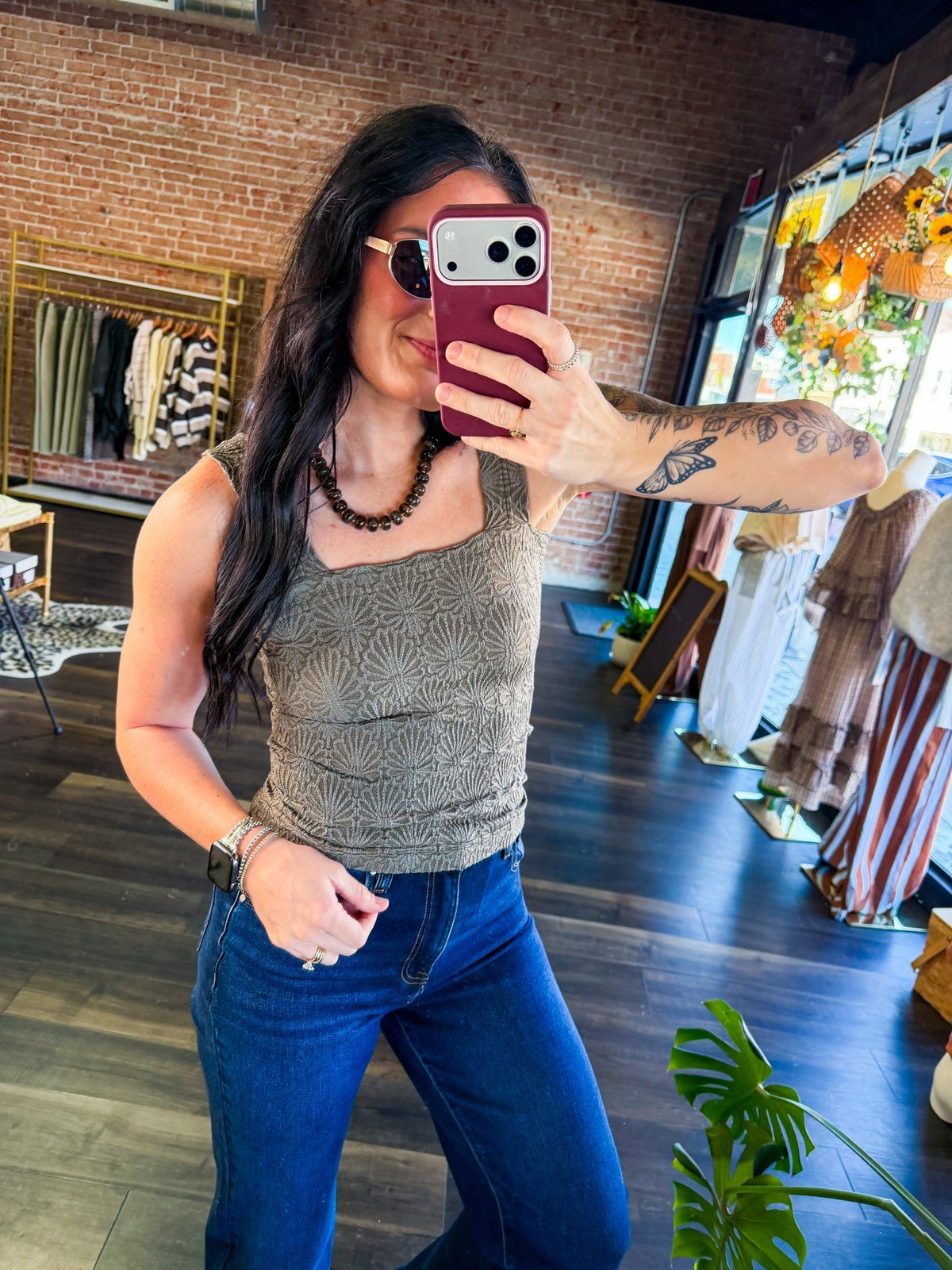 Olive Vintage Bloom Seamless Square Neck Top - Southern Chic Tees & Boutique