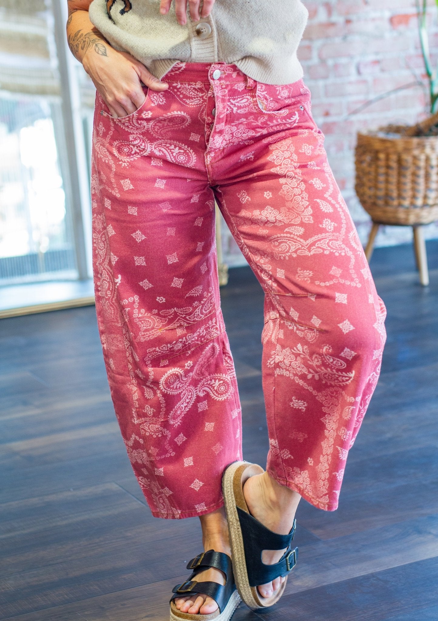 Paisley Bandana Mineral Wash Barrel Leg Jeans - Southern Chic Tees & Boutique