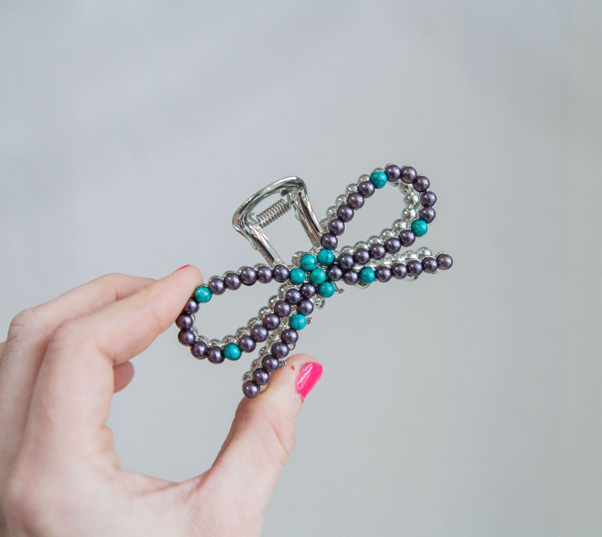 Pearl & Turquoise Bow Metal Claw Clip - Southern Chic Tees & Boutique