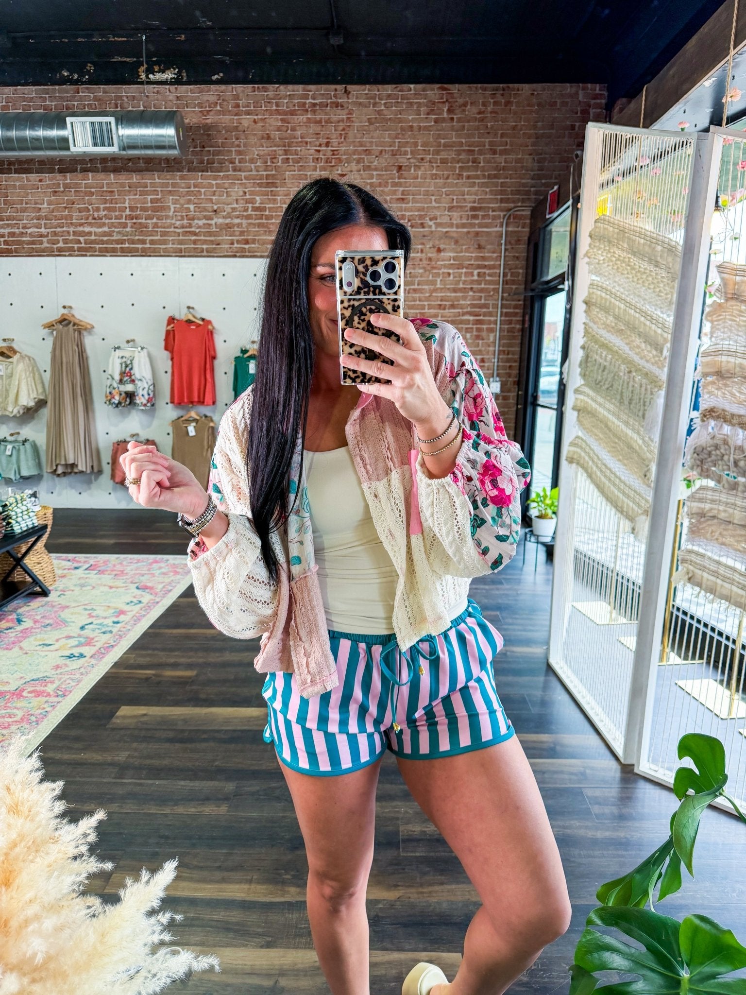 Pink & Green Striped High - Waist Performance Active Shorts - Southern Chic Tees & Boutique
