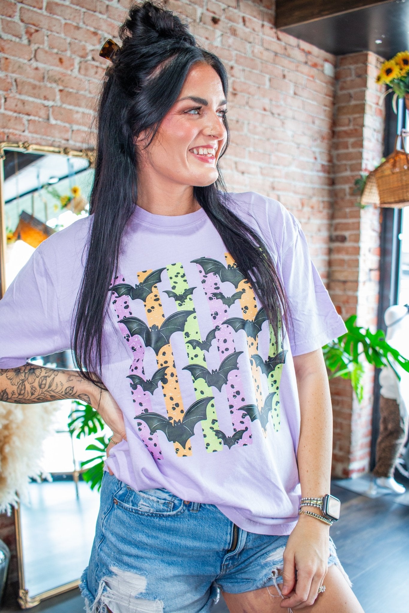 Retro Bat Flight Graphic Tee – Spooky Lilac Edition - Southern Chic Tees & Boutique