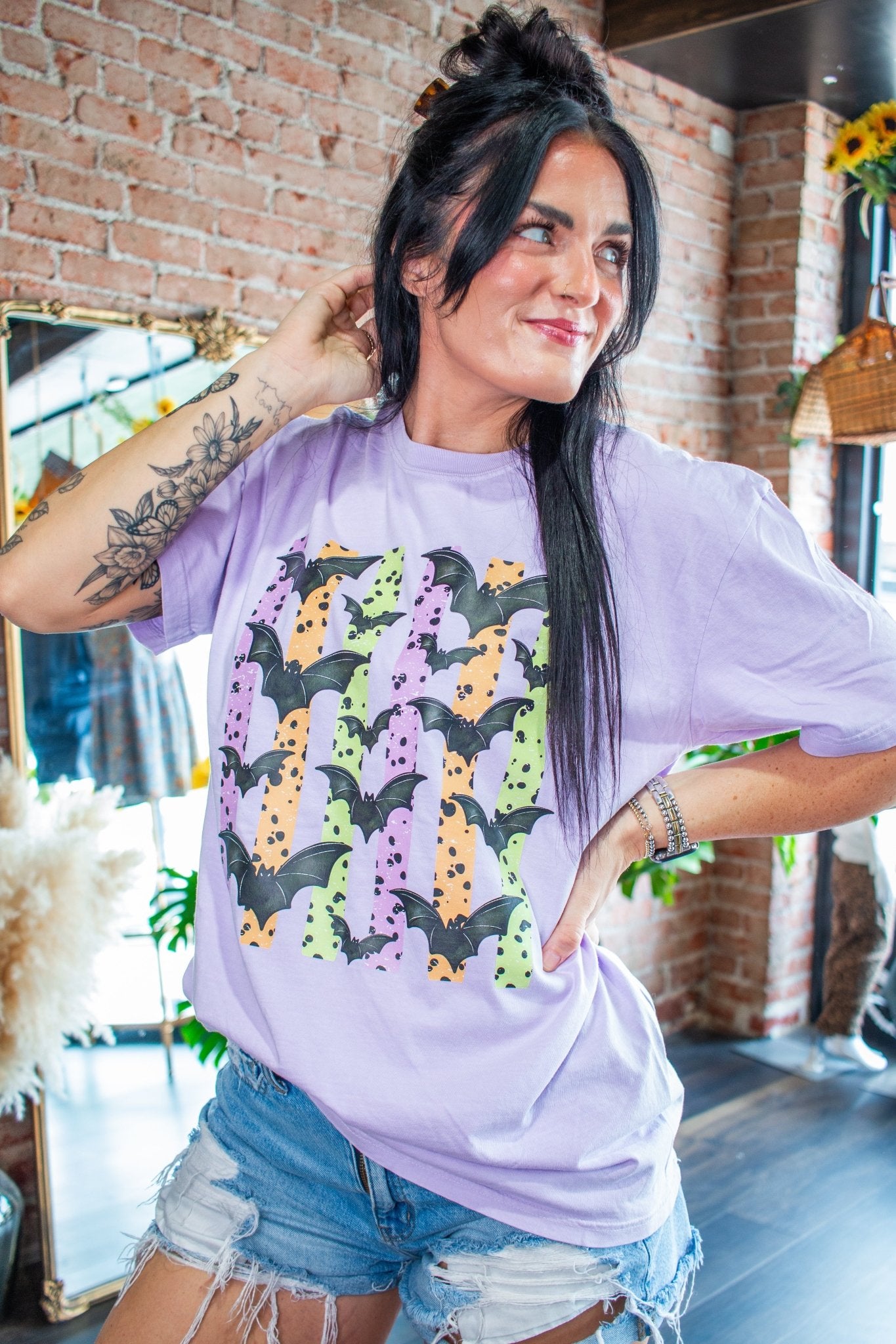 Retro Bat Flight Graphic Tee – Spooky Lilac Edition - Southern Chic Tees & Boutique