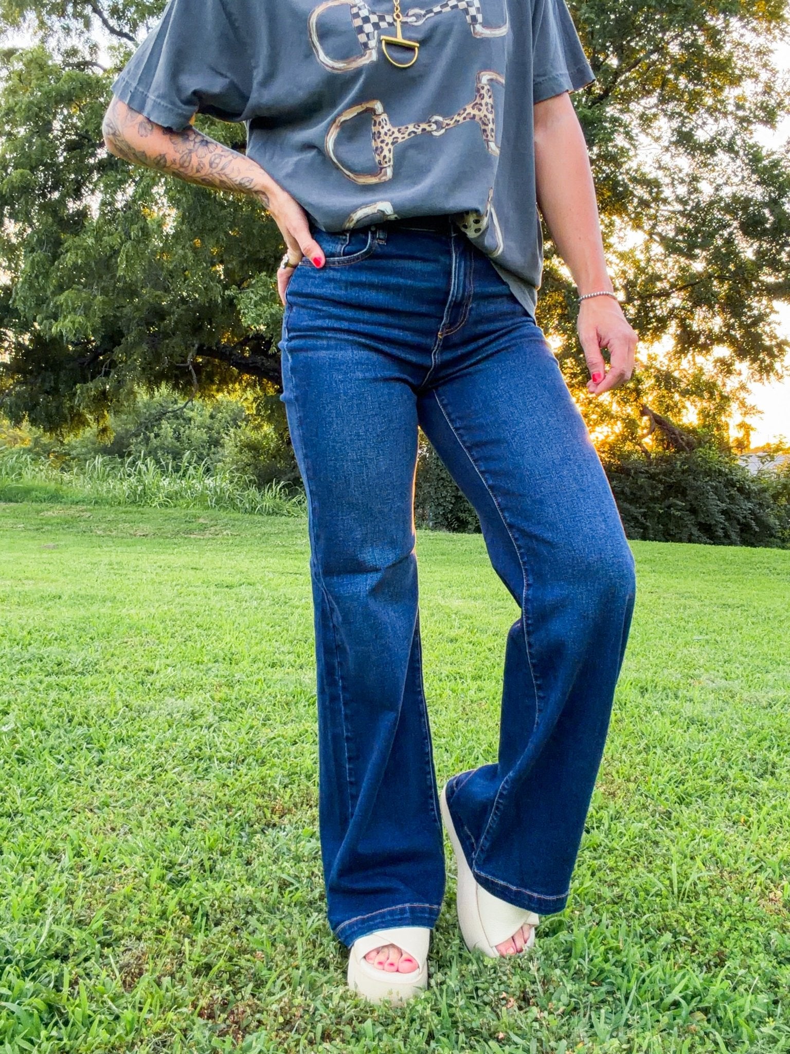 Risen Sky-High Dark Wash Wide Leg Trouser Jeans - Southern Chic Tees & Boutique
