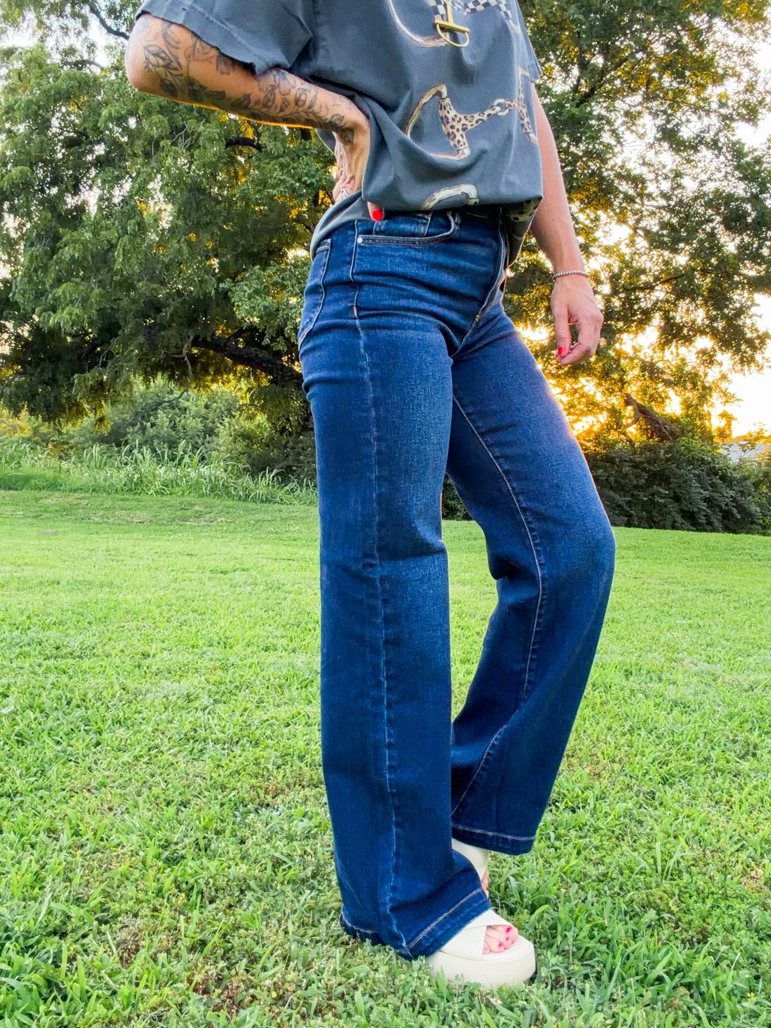 Risen Sky-High Dark Wash Wide Leg Trouser Jeans - Southern Chic Tees & Boutique