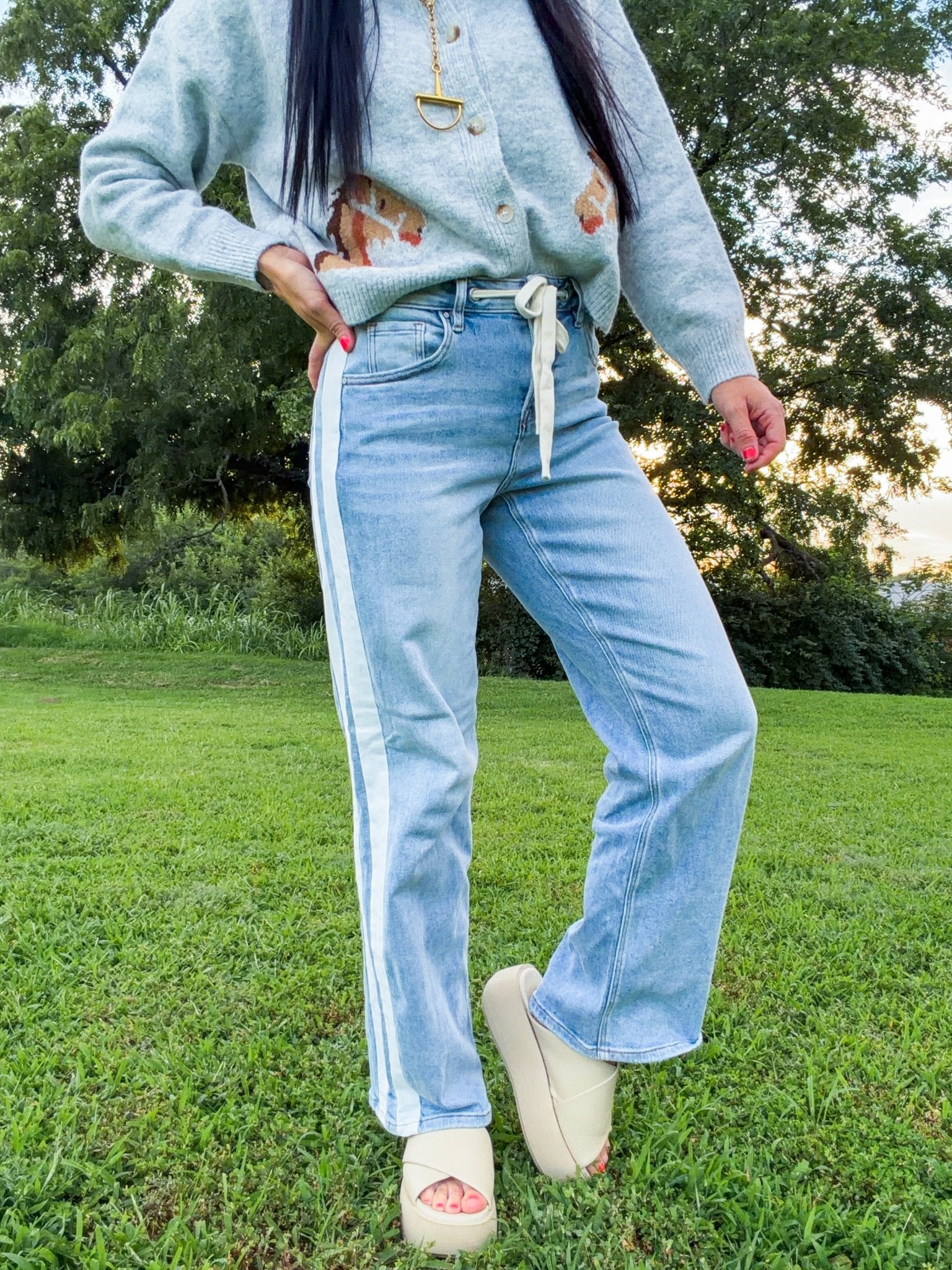 Risen Velocity Slouchy Baggy Jeans: Drawstring & Side Stripe Denim - Southern Chic Tees & Boutique