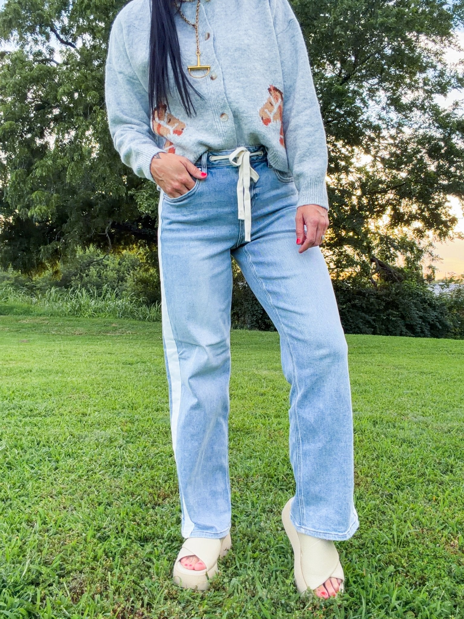 Risen Velocity Slouchy Baggy Jeans: Drawstring & Side Stripe Denim - Southern Chic Tees & Boutique
