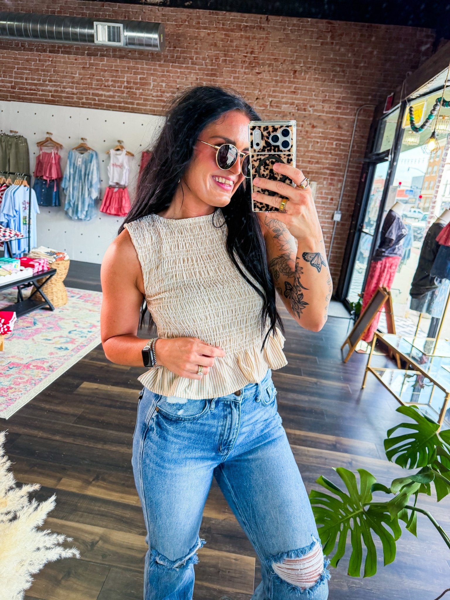 Sahara Tan Stripe Smocked Peplum Blouse - Southern Chic Tees & Boutique