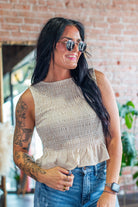 Sahara Tan Stripe Smocked Peplum Blouse - Southern Chic Tees & Boutique