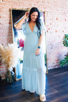Serene Flutter Sleeve Tiered Maxi Dress – Plunging V - Neck Empire Waist Lt Blue - Southern Chic Tees & Boutique