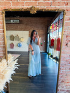 Serene Flutter Sleeve Tiered Maxi Dress – Plunging V - Neck Empire Waist Lt Blue - Southern Chic Tees & Boutique