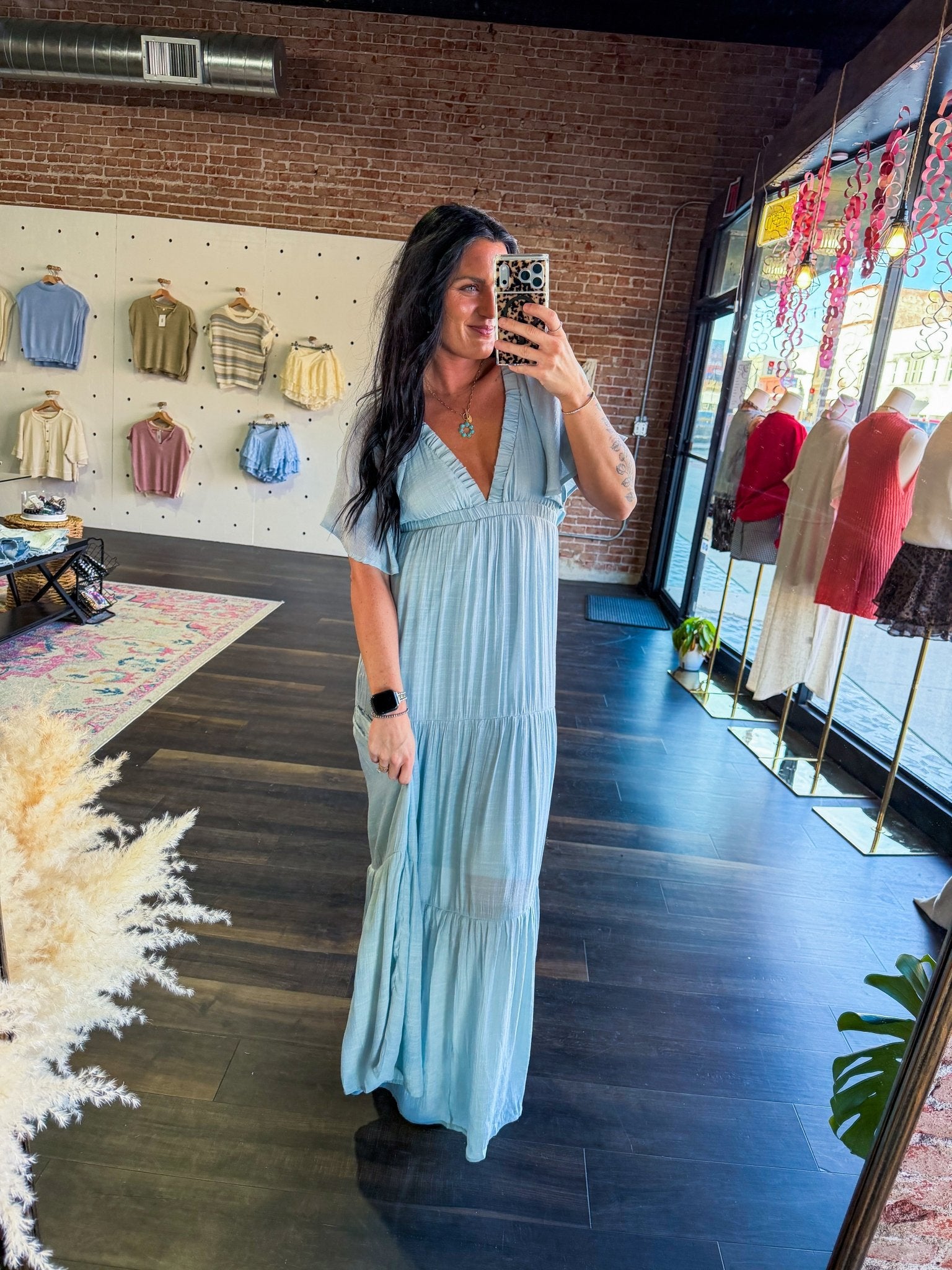Serene Flutter Sleeve Tiered Maxi Dress – Plunging V - Neck Empire Waist Lt Blue - Southern Chic Tees & Boutique
