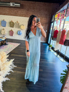 Serene Flutter Sleeve Tiered Maxi Dress – Plunging V - Neck Empire Waist Lt Blue - Southern Chic Tees & Boutique