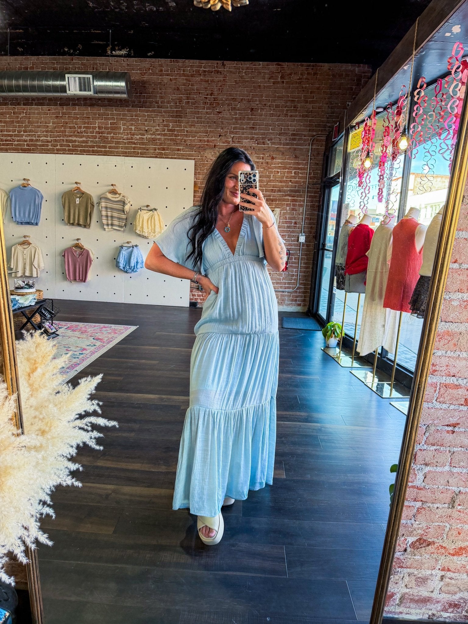 Serene Flutter Sleeve Tiered Maxi Dress – Plunging V - Neck Empire Waist Lt Blue - Southern Chic Tees & Boutique