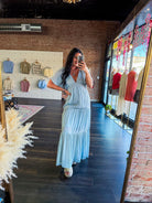 Serene Flutter Sleeve Tiered Maxi Dress – Plunging V - Neck Empire Waist Lt Blue - Southern Chic Tees & Boutique