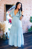 Serene Flutter Sleeve Tiered Maxi Dress – Plunging V - Neck Empire Waist Lt Blue - Southern Chic Tees & Boutique