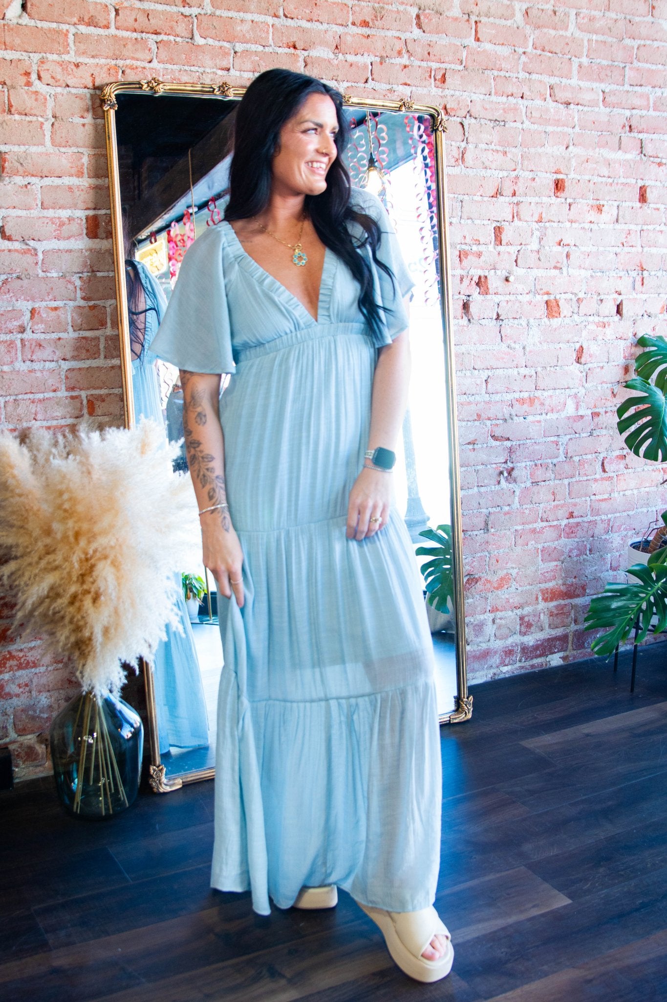 Serene Flutter Sleeve Tiered Maxi Dress – Plunging V - Neck Empire Waist Lt Blue - Southern Chic Tees & Boutique
